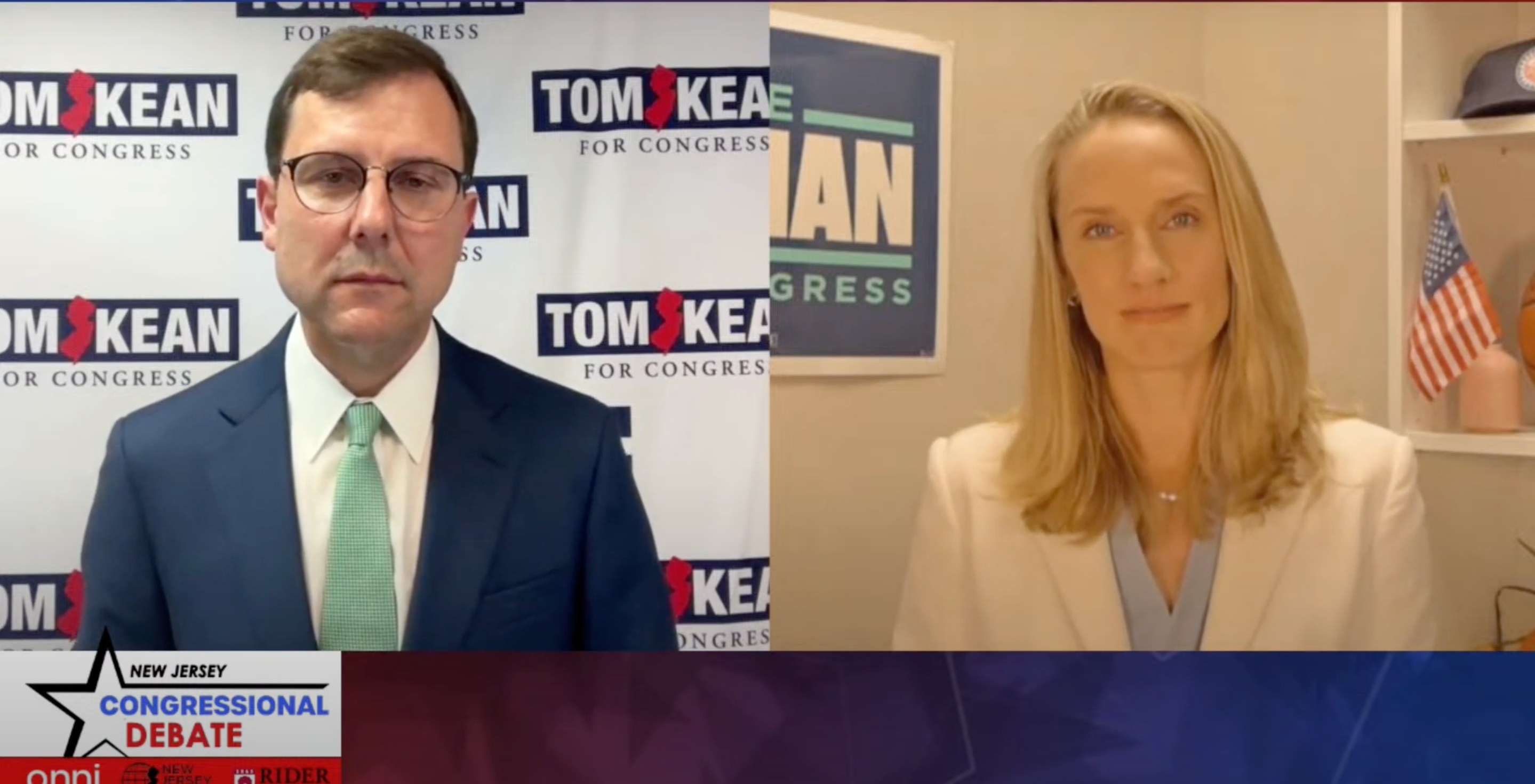 Tom Kean Jr. (left) sits silently after Sue Altman (right) asked him to clarify his position on Trump’s mass deportation plan
